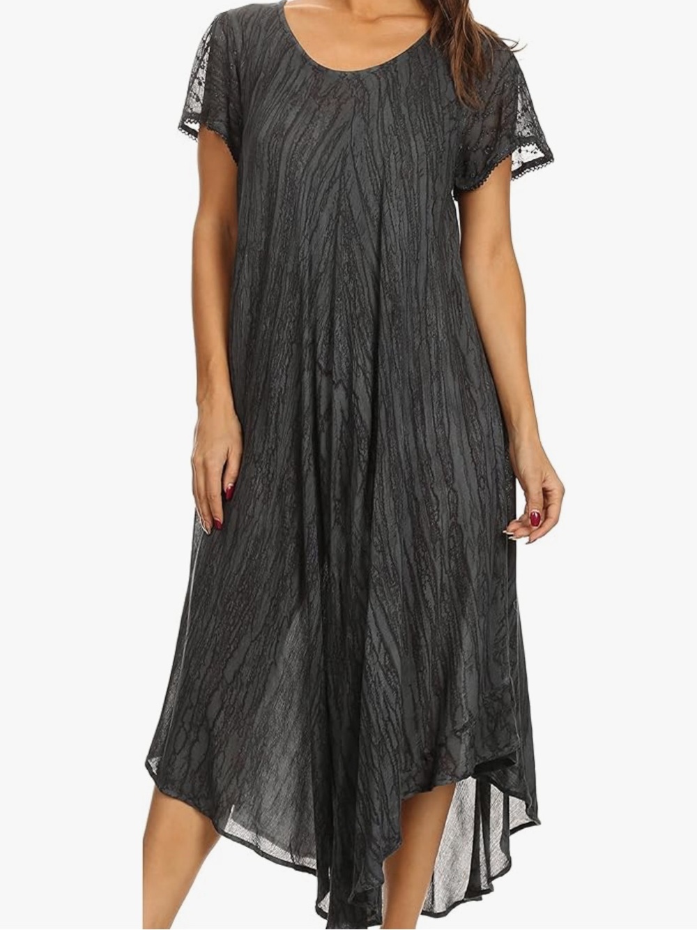 Sakkas Black Textured Lace-Trim Caftan Dress